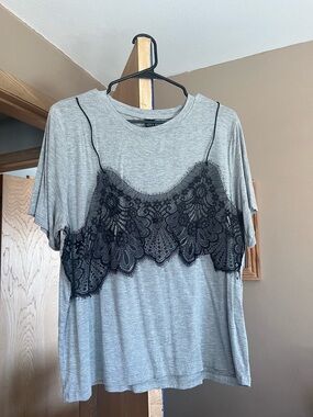 SHEIN Gray Tee with Black Lace Overlay